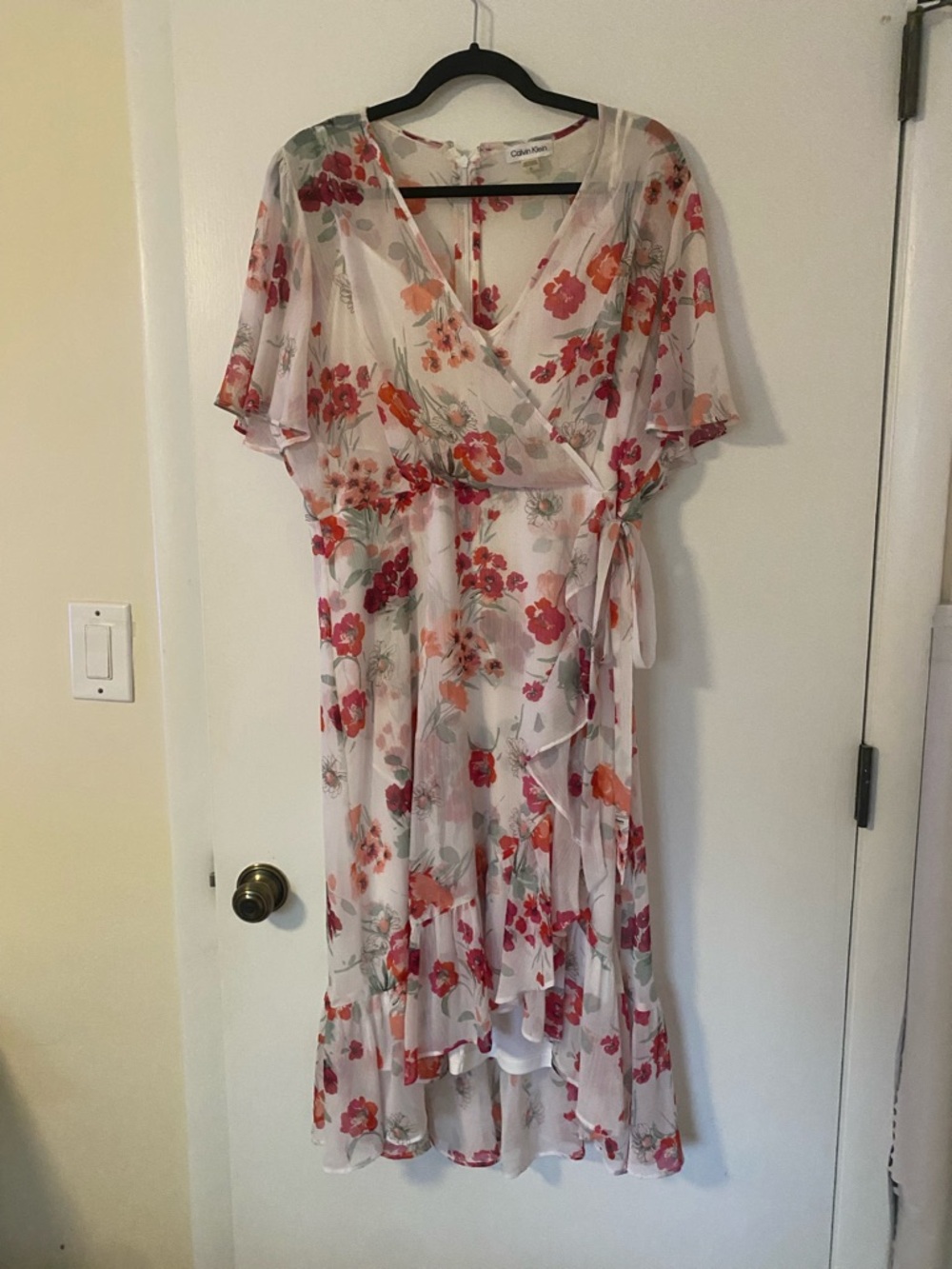 Calvin Klein White Floral Wrap High-Low Dress